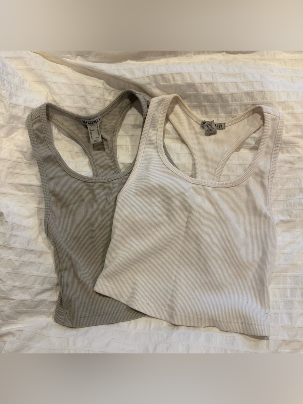 Forever 21 Ribbed Racerback Crop Tank Duo - White & Light Gray